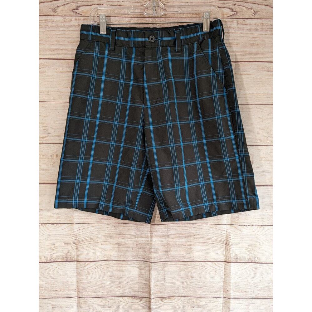 Greg Norman Mens Golf Shorts Size 30 Blue/Black Plaid Flat Front EUC!